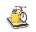 food delivery mobile app. thermo bag and bike on a mobile phone