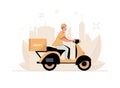 Food delivery moto scooter driver with orange backpack behind back is on his way to deliver food. Courier on scooter. Royalty Free Stock Photo