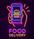 Food delivery neon sign. Glowing banner with hand holding smartphone with burger. Mobile app for online fast food cafe