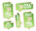 Food delivery, order now, food free delivery, 24/7 delivery - stickers set