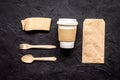 Food delivery with paper bags and plastic cup on dark table background top view mockup Royalty Free Stock Photo