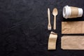 Food delivery with paper bags and plastic cup on dark table background top view mockup Royalty Free Stock Photo