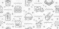 Food delivery pattern. truck, hamburger and line sushi, order background. Speed restaurant business, packaging time