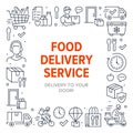 Food delivery poster frame with line icons. Vector illustration - courier on bike, door contactless delivering, grocery