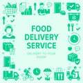 Food delivery poster frame with silhouette icons. Vector illustration courier on bike, door contactless delivering