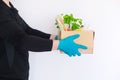 Food delivery during quarantine. Grocery basket, donation, help. Men`s hands hold a cardboard box with groceries, cereals, canned Royalty Free Stock Photo