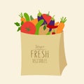 Food delivery during quarantine. Stay home. Fresh vegetables in a paper bag. Vegetarian products. Vector sketch. Tomato, carrot,