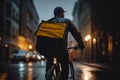 Food delivery riding ther bike in the city. Generative AI