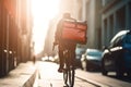 Food delivery riding ther bike in the city. Generative AI