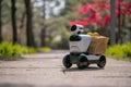 Food delivery robot delivers bag full with groceries