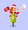 Food-delivery santa girl on scooter with pizza, flat