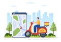 Food Delivery Service App on a Tracking Smartphone to Order Ready Meals and Delivered to Your Home by Scooter in Illustration