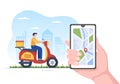 Food Delivery Service App on a Tracking Smartphone to Order Ready Meals and Delivered to Your Home by Scooter in Illustration