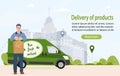 Food delivery service. Banner local farm products online order. Vector illustration in flat style for your business. Royalty Free Stock Photo