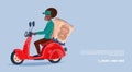 Food Delivery Service Icon African American Courier Boy Riding Motor Bike Delivering Grocery