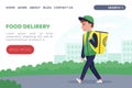 Food Delivery Service Landing Page with Man Courier Carry Bag Vector Template