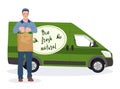 Food delivery service from local farm products. Realistic van with organic vegetables natural vegan farm food delivery Royalty Free Stock Photo