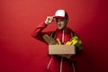 Food delivery service. Male courier holding grocery bag. Express food order. Royalty Free Stock Photo