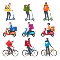 Food Delivery Service, Male Couriers Riding Electric Kick Scooter, Motorcycle, Bicycle with Parcel Boxes Set, Fast