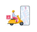 Food delivery service.Online shipping application, smartphone with gps mark on screen. Tracking courier by map