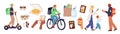 Food delivery service. Ordering products at home. Express shipping. Couriers with groceries backpacks on scooter and