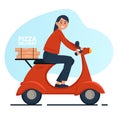 Food delivery service. Pizza courier riding on freight scooter or city motorcycle. Motorbike driver on delivery moped.