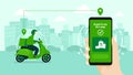 Food delivery service by scooter with courier. Hand holding mobile application tracking a delivery man on a moped.