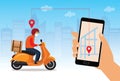 Food delivery service by scooter with courier. Hand holding mobile application tracking a delivery man on a moped. city skyline in