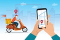 Food delivery service by scooter with courier. Hand holding mobile application tracking a delivery man on a moped. city skyline in