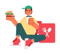 Food delivery teen worker eating cheeseburger, drinking semi flat colorful vector character