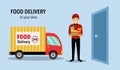 Food delivery to your door concept vector illustration. Delivery man handing fast food set on customer house door. Food delivery s