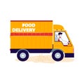 Food delivery truck or van cartoon icon vector illustration isolated on white. Royalty Free Stock Photo