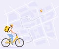 Food delivery vector illustration. Courier man on bicycle with yellow parcel box on the back. Route with dash line trace