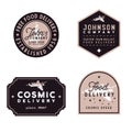 Food delivery vintage badges, old-fashioned vector illustration with grunge texture and space shuttle
