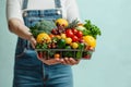 Food delivery vision Hand holds cart with fruits and vegetables