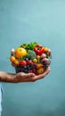 Food delivery vision Hand holds cart with fruits and vegetables