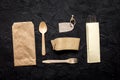Food delivery workdesk with paper bags and flatware table background top view mock-up Royalty Free Stock Photo