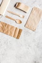food delivery workdesk with paper bags and flatware table background top view mock-up Royalty Free Stock Photo