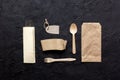 Food delivery workdesk with paper bags and flatware table background top view mock-up Royalty Free Stock Photo