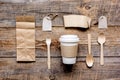 Food delivery workdesk with paper bags and flatware table background top view mock-up Royalty Free Stock Photo