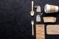 Food delivery workdesk with paper bags and plastic cup table background top view mock-up Royalty Free Stock Photo