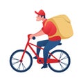 Food delivery worker on bicycle. Cartoon man carrying order to client. Young character with backpack rides bike. Courier