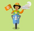 Food-deliveryboy on a scooter with boxes of pizza, flat Royalty Free Stock Photo