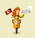 Food-deliverygirl on a scooter with boxes of pizza, flat