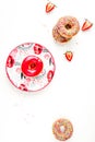 Food design with donat on plate white table background top view mockup