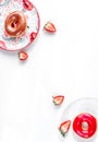 Food design with donat on plate white table background top view mockup