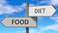 Food and diet as a choice - pictured as words Food, diet on road signs to show that when a person makes decision he can choose