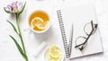 Food diet planning banner. Clean blank notebook, green tea with lemon, tulip flower on white background, top view. Flat lay Royalty Free Stock Photo