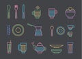 Food and dinnerware set of icons in line vector graphics. Spoon, fork, knife, cup, plate, glass, cezve, teapot hot beverage Royalty Free Stock Photo