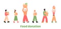 Food donation banner with people holding grocery boxes flat vector illustration.